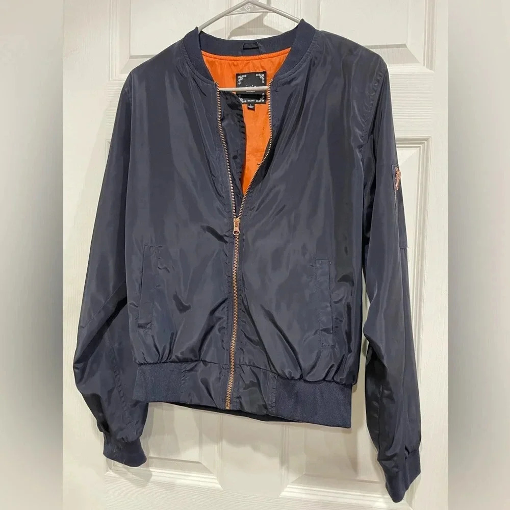 Iris Women’s Large Navy Blue Bomber Jacket Orange Lining GUC Vintage